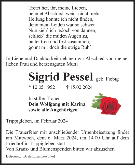 Traueranzeige von Sigrid Pessel von Volksstimme Altmark West