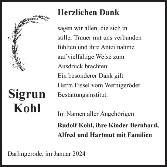 Traueranzeige von Sigrun Kohl von Volksstimme Wernigerode