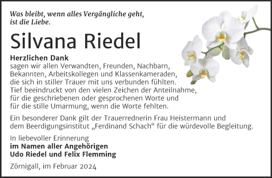 Traueranzeige von Silvana Riedel von Trauerkombi Wittenberg