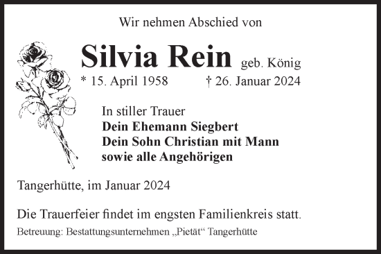 Traueranzeige von Silvia Rein von Volksstimme Altmark Ost
