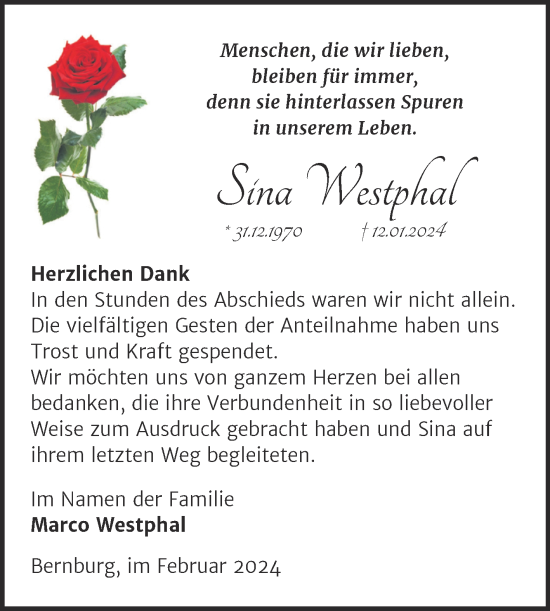 Traueranzeige von Sina Westphal von Trauerkombi Bernburg