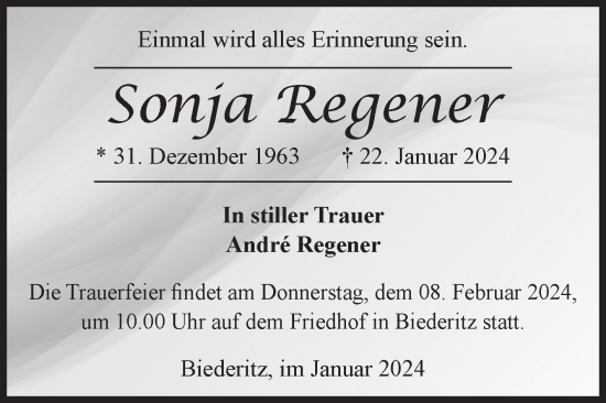 Traueranzeige von Sonja Regener von Volksstimme Burg/Genthin