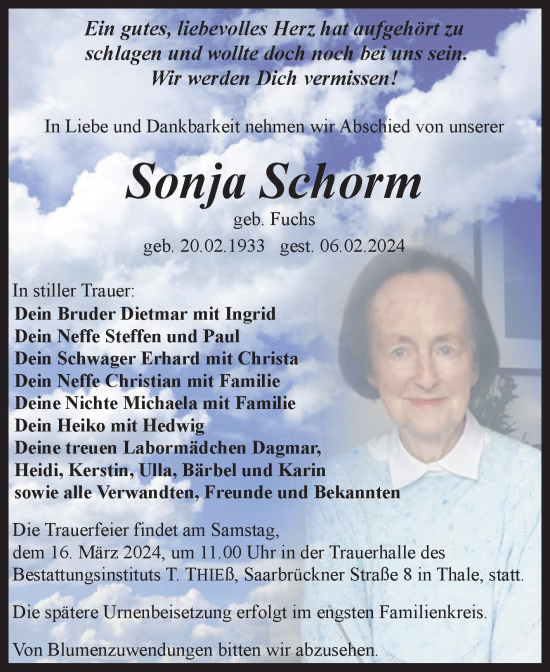 Traueranzeige von Sonja Schorm von Trauerkombi Quedlinburg