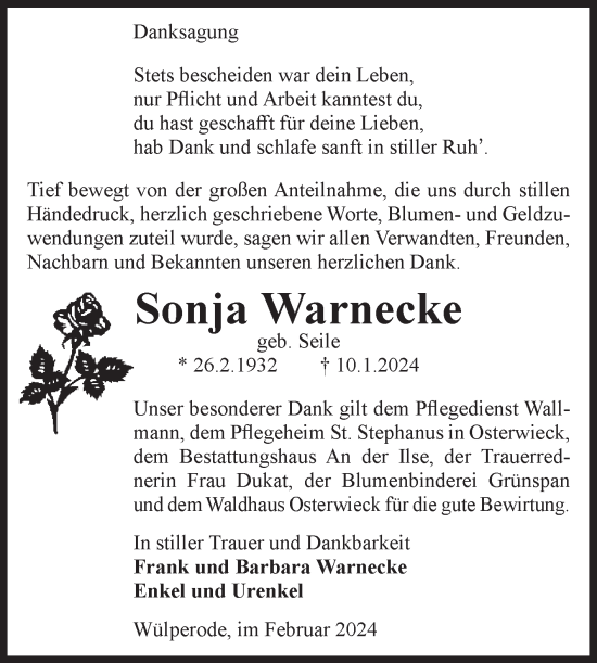 Traueranzeige von Sonja Warnecke von Volksstimme Halberstadt