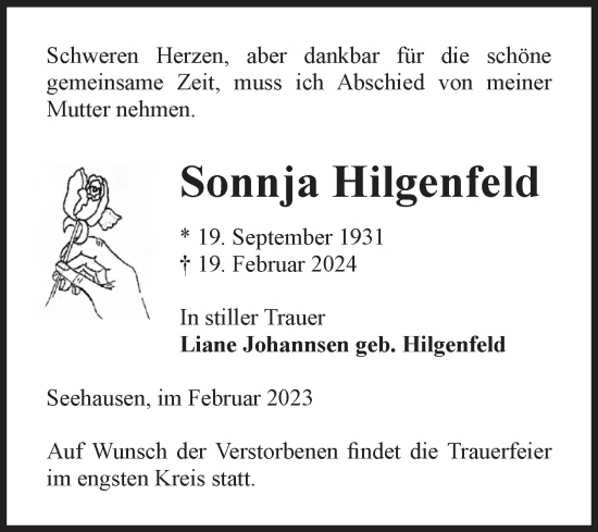Traueranzeige von Sonnja Hilgenfeld von Volksstimme Altmark Ost