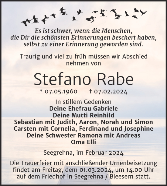 Traueranzeige von Stefano Rabe von Trauerkombi Wittenberg