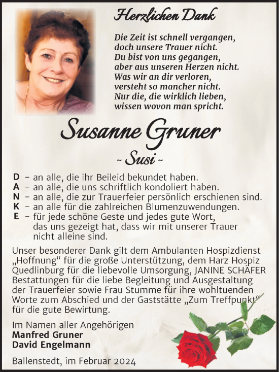 Traueranzeige von Susanne Gruner von Trauerkombi Quedlinburg