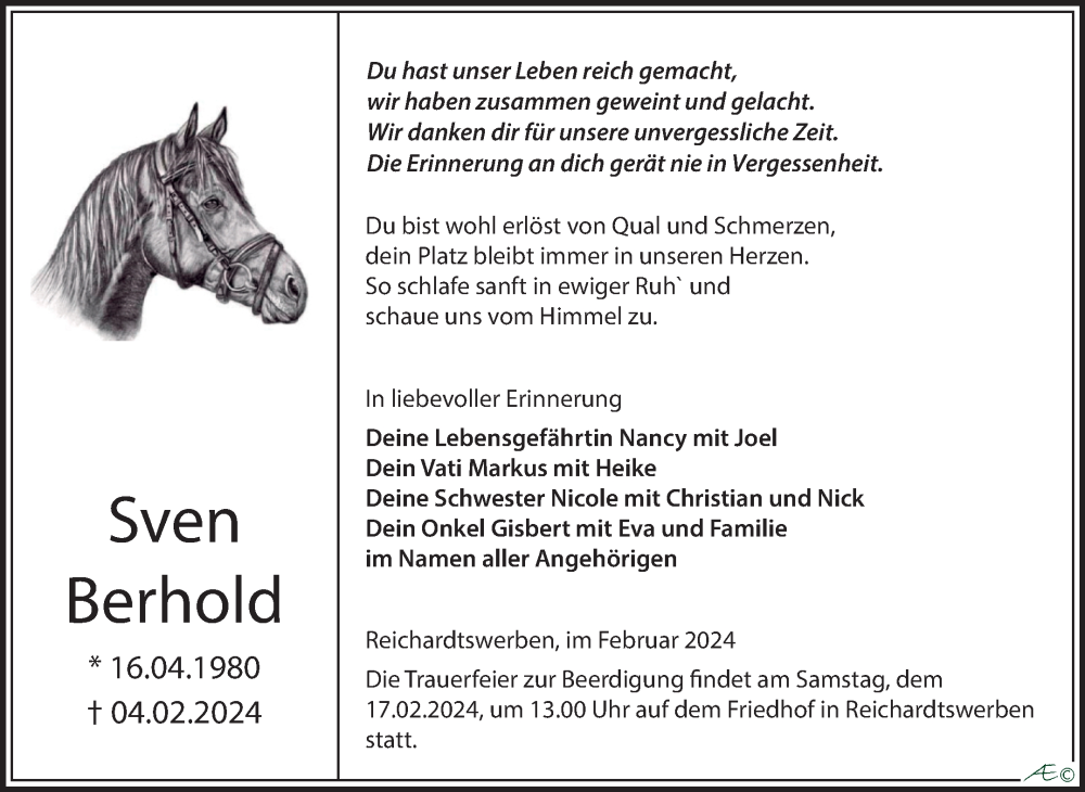  Traueranzeige für Sven Berhold vom 10.02.2024 aus Trauerkombi Weißenfels