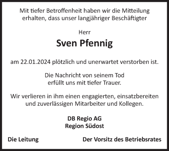 Traueranzeige von Sven Pfennig von Volksstimme Altmark Ost