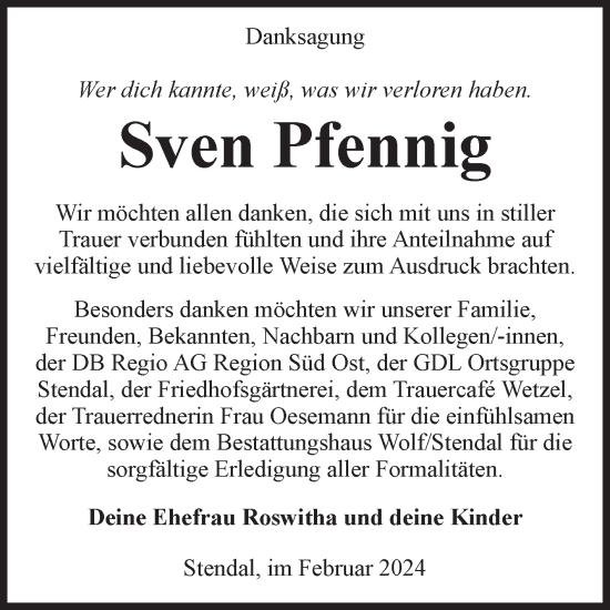 Traueranzeige von Sven Pfennig von Volksstimme Altmark Ost