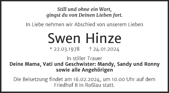 Traueranzeige von Swen Hinze von Trauerkombi Dessau