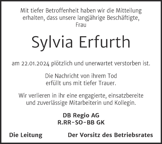 Traueranzeige von Sylvia Erfurth von Naumburger Tageblatt