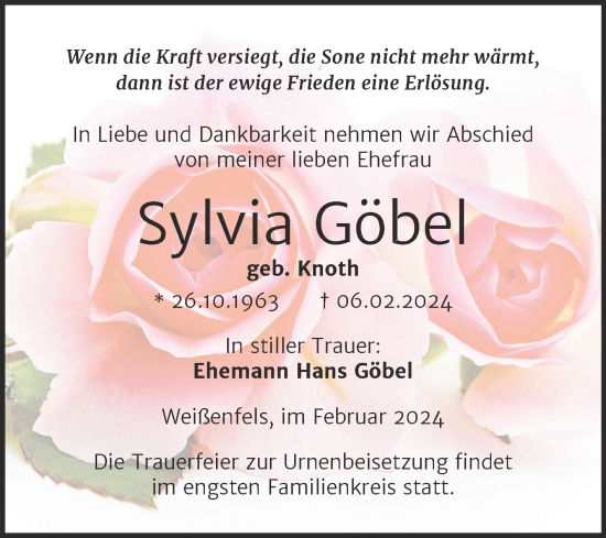 Traueranzeige von Sylvia Göbel von Mitteldeutsche Zeitung Weißenfels
