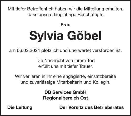 Traueranzeige von Sylvia Göbel von Mitteldeutsche Zeitung Weißenfels