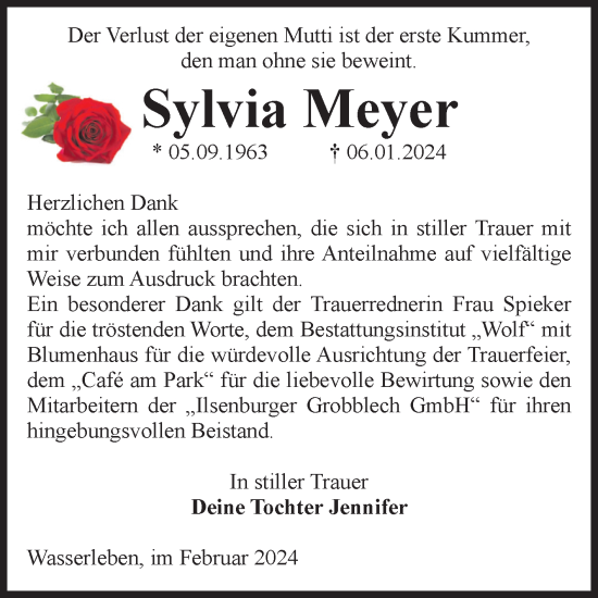 Traueranzeige von Sylvia Meyer von Volksstimme Wernigerode