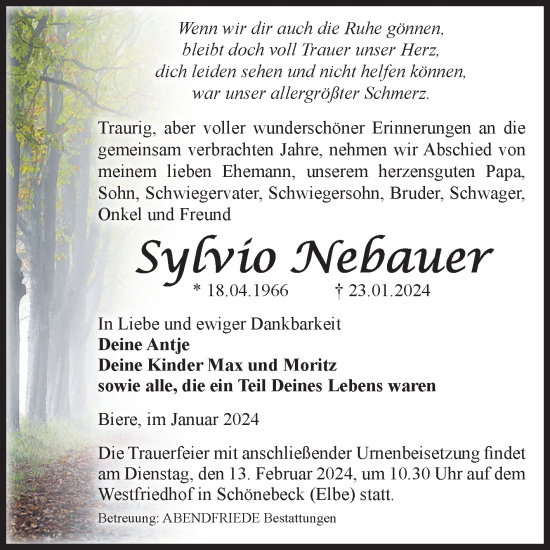 Traueranzeige von Sylvio Nebauer von Volksstimme Schönebeck