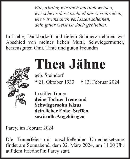 Traueranzeige von Thea Jähne von Volksstimme Burg/Genthin