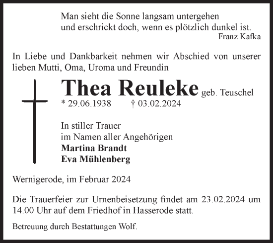 Traueranzeige von Thea Reuleke von Volksstimme Wernigerode
