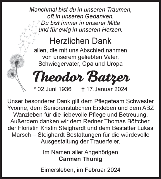 Traueranzeige von Theodor Batzer von Volksstimme Haldensleben/Wolmirstedt