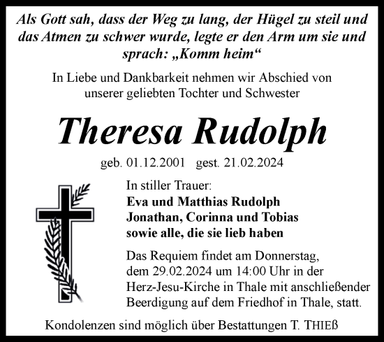 Traueranzeige von Theresa Rudolph von Mitteldeutsche Zeitung Quedlingburg