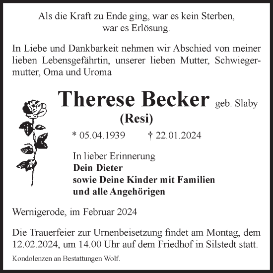 Traueranzeige von Therese Becker von Volksstimme Wernigerode