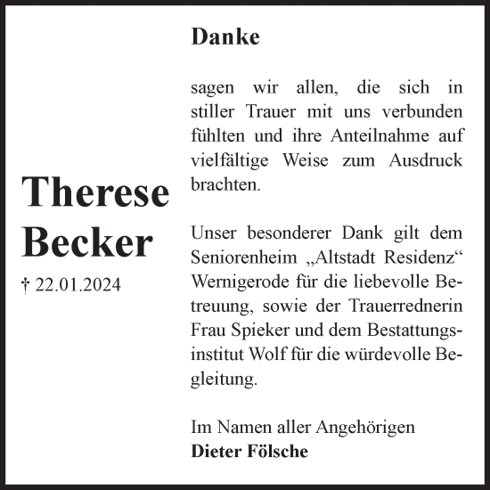 Traueranzeige von Therese Becker von Volksstimme Wernigerode