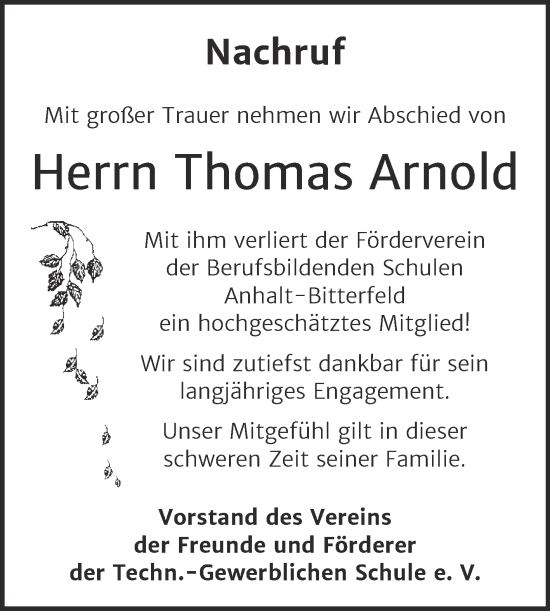 Traueranzeige von Thomas Arnold von Mitteldeutsche Zeitung Bitterfeld