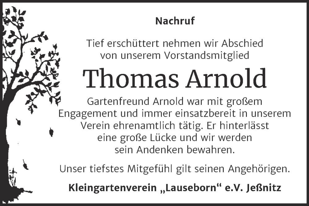  Traueranzeige für Thomas Arnold vom 10.02.2024 aus Trauerkombi Bitterfeld