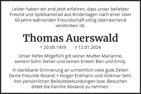 Traueranzeige von Thomas Auerswald von Trauerkombi Dessau