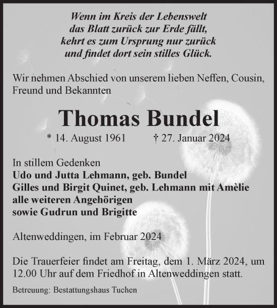 Traueranzeige von Thomas Bundel von Volksstimme Oschersleben/Wanzleben