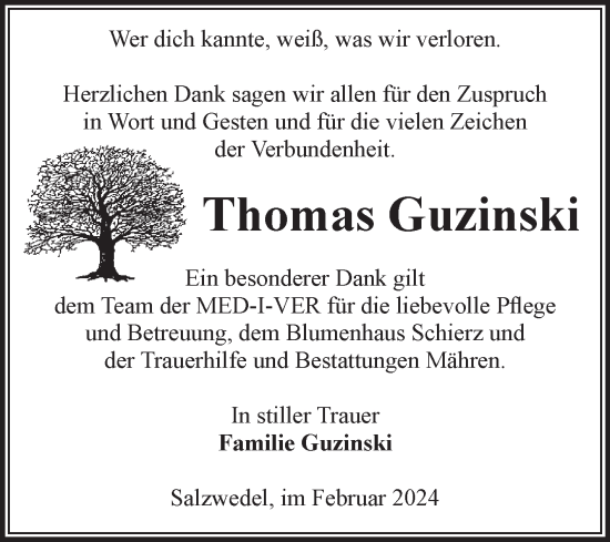 Traueranzeige von Thomas Guzinski von Volksstimme Altmark West