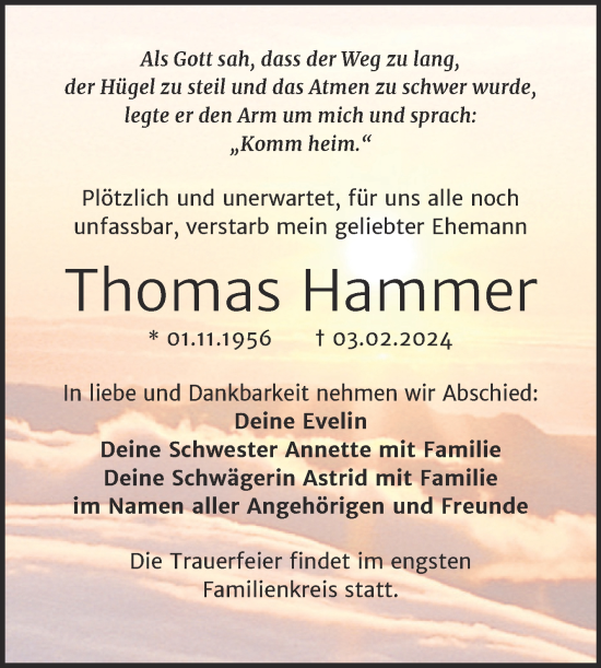 Traueranzeige von Thomas Hammer von Mitteldeutsche Zeitung Mansfelder Land