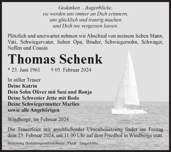 Traueranzeige von Thomas Schenk von Volksstimme Altmark Ost