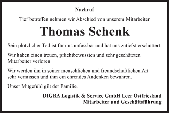 Traueranzeige von Thomas Schenk von Volksstimme Altmark Ost