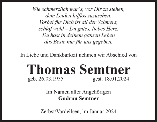 Traueranzeige von Thomas Semtner von Volksstimme Zerbst