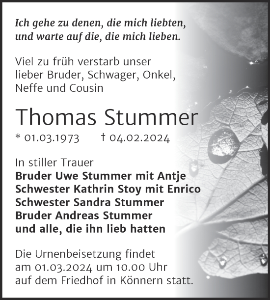 Traueranzeige von Thomas Stummer von Trauerkombi Bernburg