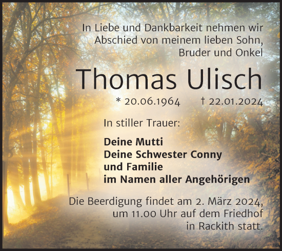 Traueranzeige von Thomas Ulisch von Trauerkombi Wittenberg