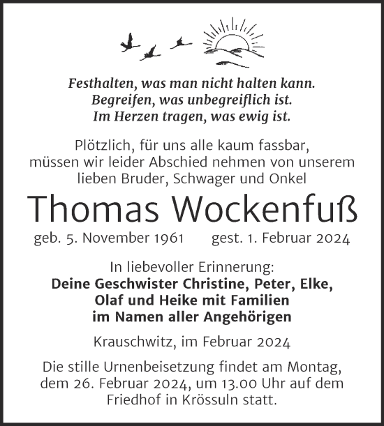 Traueranzeige von Thomas Wockenfuß von Trauerkombi Weißenfels