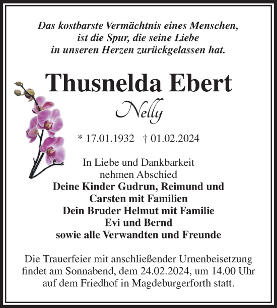 Traueranzeige von Thusnelda Ebert von Volksstimme Burg/Genthin