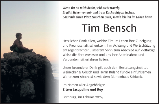 Traueranzeige von Tim Bensch von Trauerkombi Bernburg