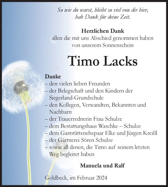 Traueranzeige von Timo Lacks von Volksstimme Altmark Ost