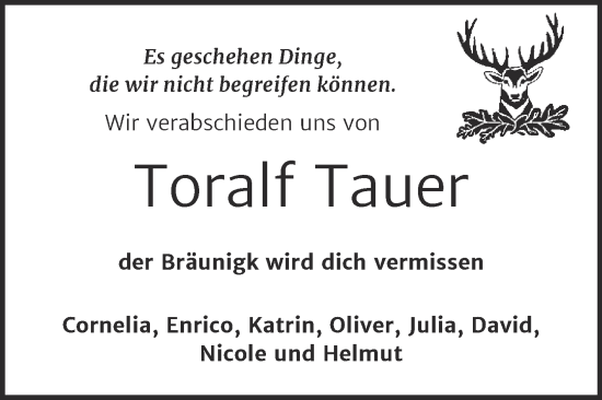 Traueranzeige von Toralf Tauer von Trauerkombi Wittenberg