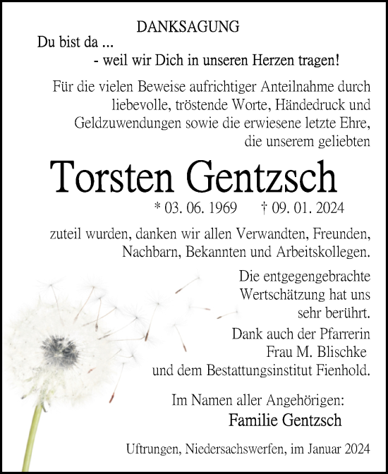 Traueranzeige von Torsten Gentzsch von Mitteldeutsche Zeitung Sangerhausen