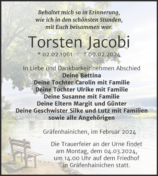Traueranzeige von Torsten Jacobi von Trauerkombi Wittenberg