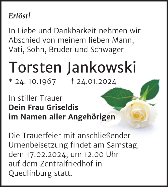 Traueranzeige von Torsten Jankowski von Trauerkombi Quedlinburg