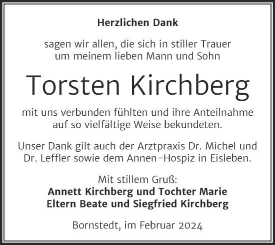 Traueranzeige von Torsten Kirchberg von Trauerkombi Mansfelder Land