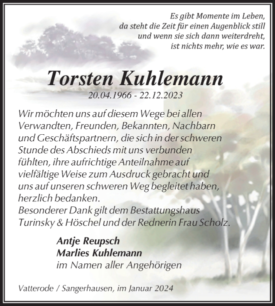 Traueranzeige von Torsten Kuhlemann von Trauerkombi Mansfelder Land