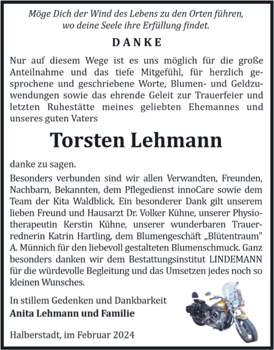 Traueranzeige von Torsten Lehmann von Volksstimme Halberstadt