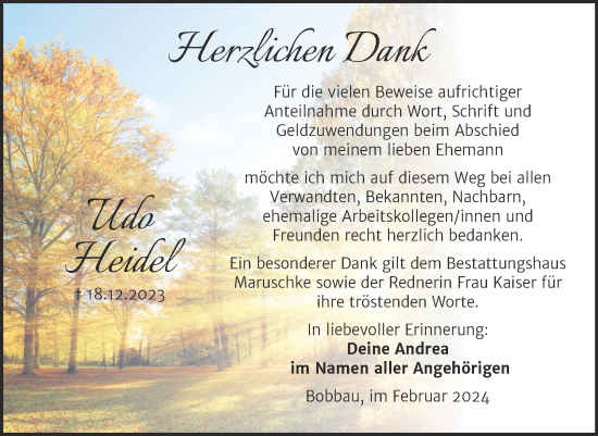 Traueranzeige von Udo Heidel von Trauerkombi Bitterfeld