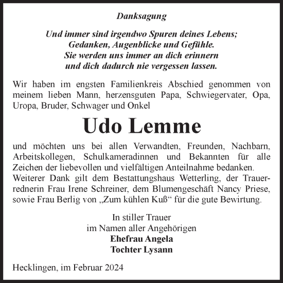 Traueranzeige von Udo Lemme von Volksstimme Staßfurt